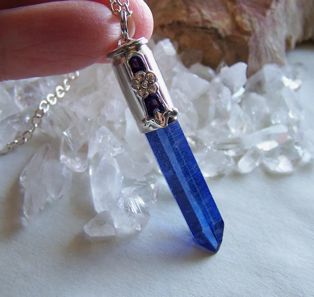 Royal Blue Quartz Forget Me Not Silver Bullet Pendant