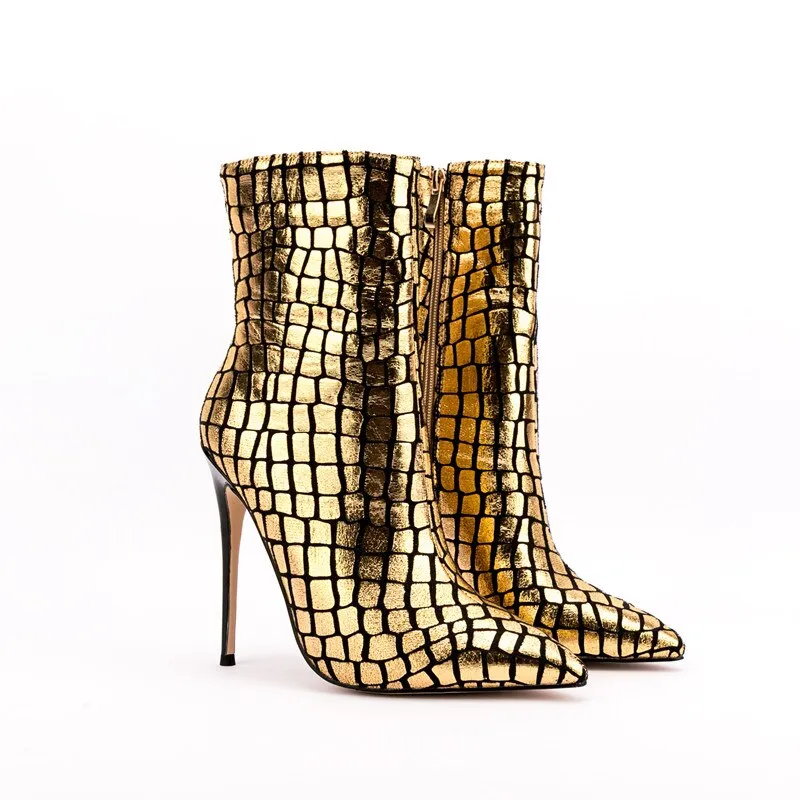 Shiny Checkered Pointed Toe High Heels Ankle-Boots