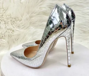 Shiny Silver Crocodile Pattern Pointy Toe Shoes