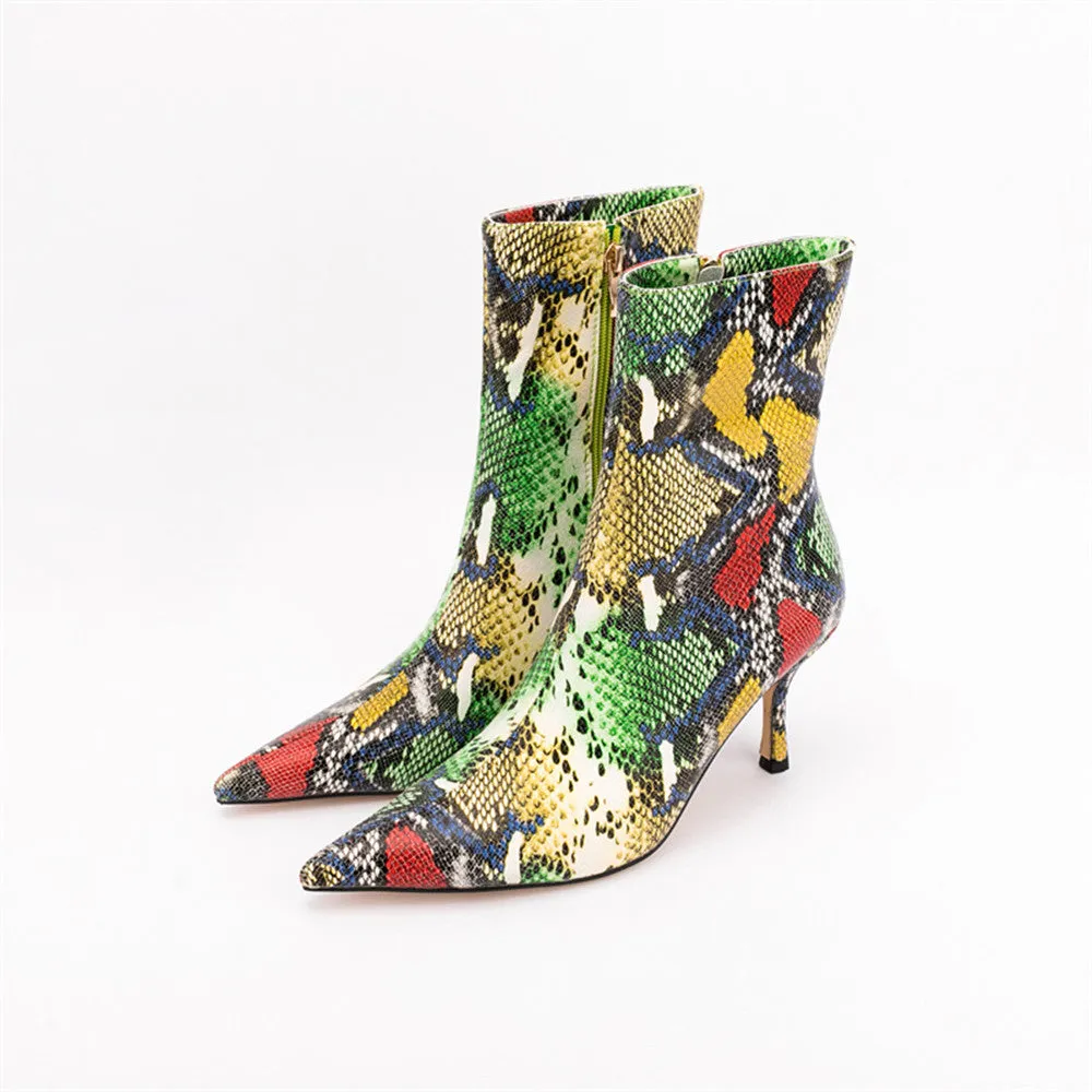 Snakeskin Pointed Toe Thin Heel Ankle-Boots