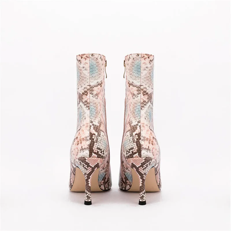 Snakeskin Pointed Toe Thin Heel Ankle-Boots