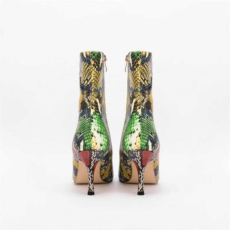 Snakeskin Pointed Toe Thin Heel Ankle-Boots