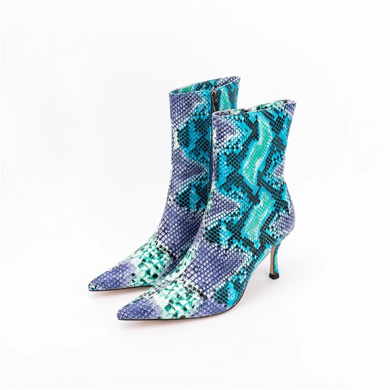 Snakeskin Pointed Toe Thin Heel Ankle-Boots