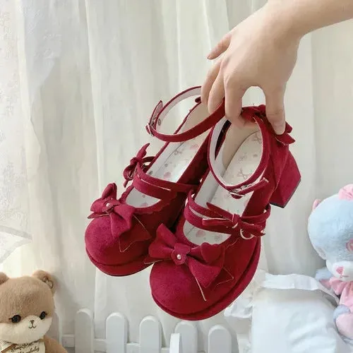 Sohiwoo Fashion All-Match Round Toe Square Heel Women's High Heels Spring and Autumn Elegant Sweet Bow Ankle-Strap Buckle High Heels