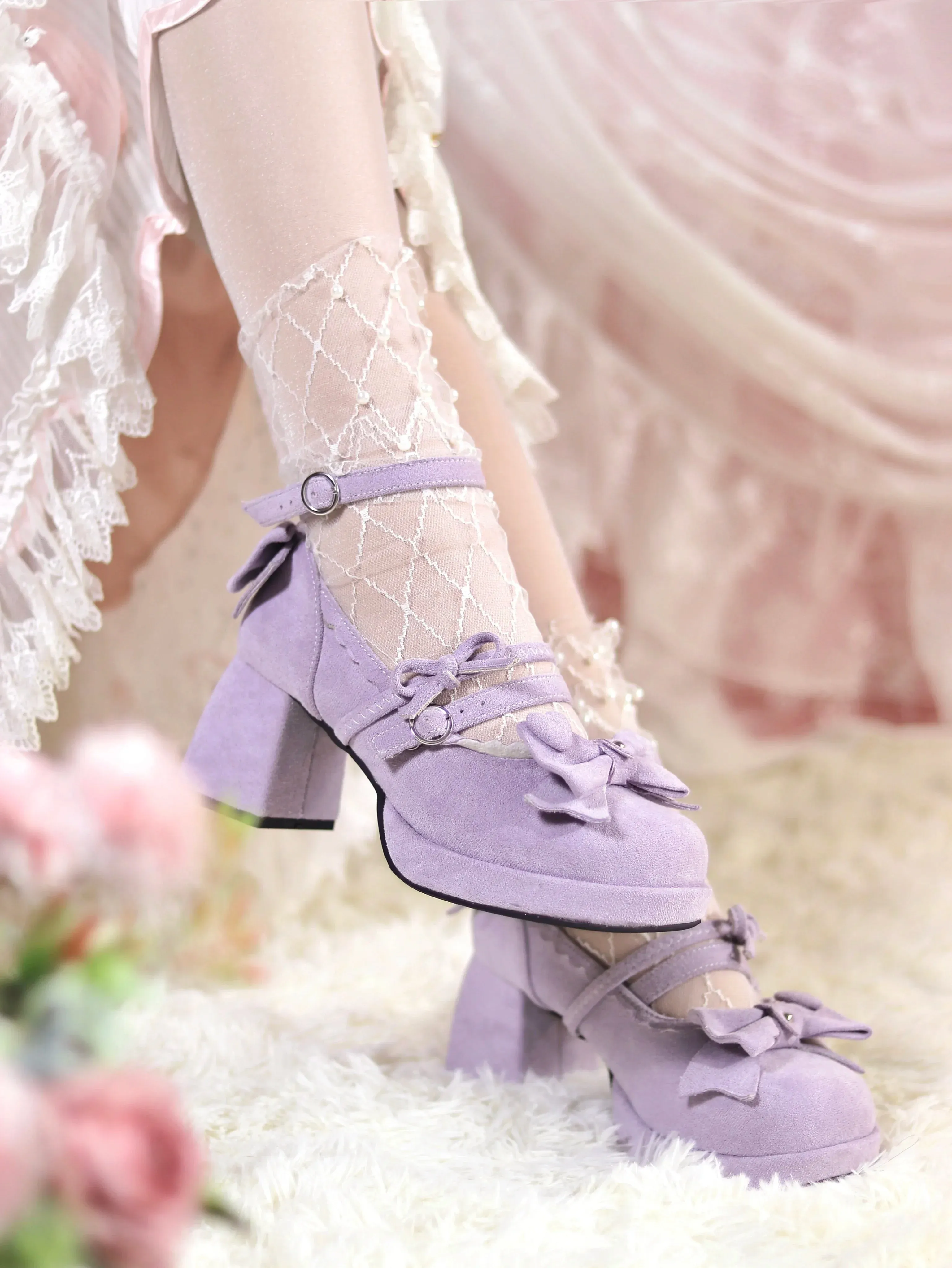 Sohiwoo Fashion All-Match Round Toe Square Heel Women's High Heels Spring and Autumn Elegant Sweet Bow Ankle-Strap Buckle High Heels