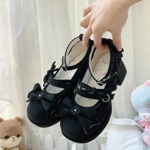 Sohiwoo Fashion All-Match Round Toe Square Heel Women's High Heels Spring and Autumn Elegant Sweet Bow Ankle-Strap Buckle High Heels