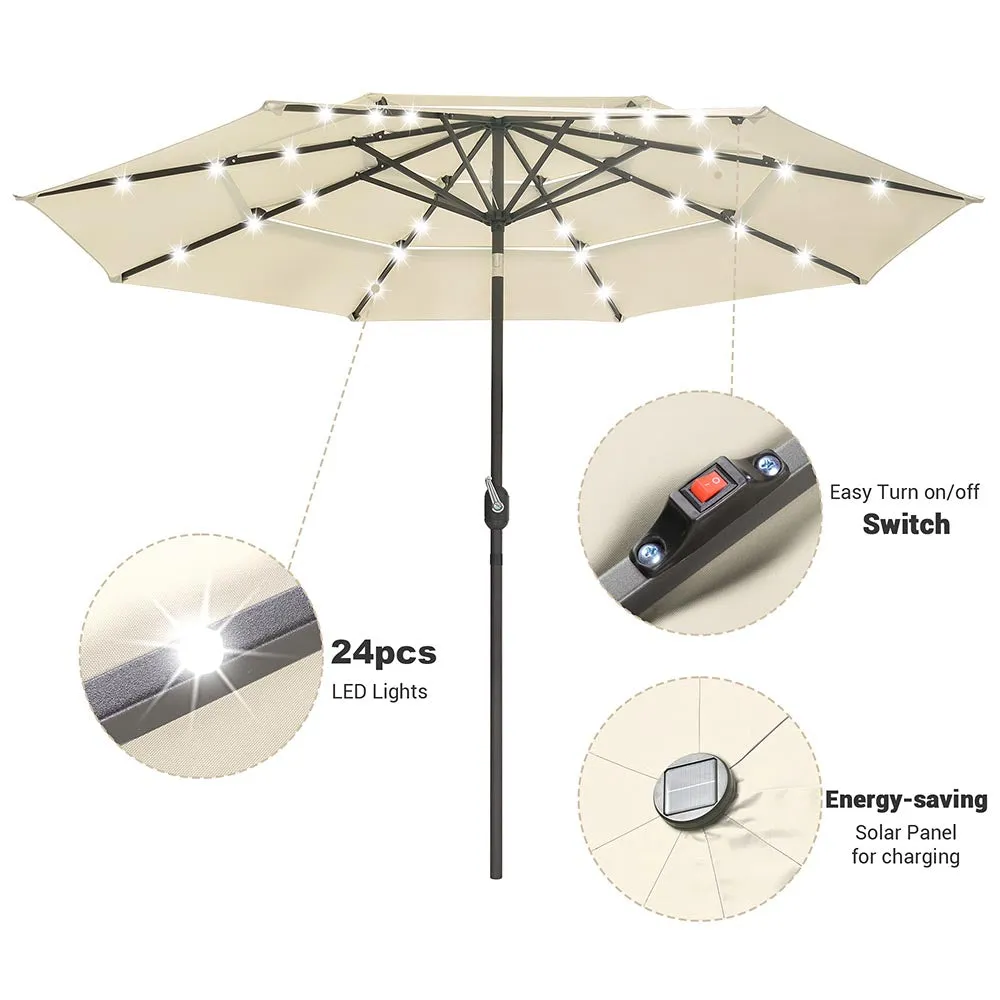 Solar Patio Umbrella w/ Light Bulbs Tilt 3-Tiered 9ft 8-Rib