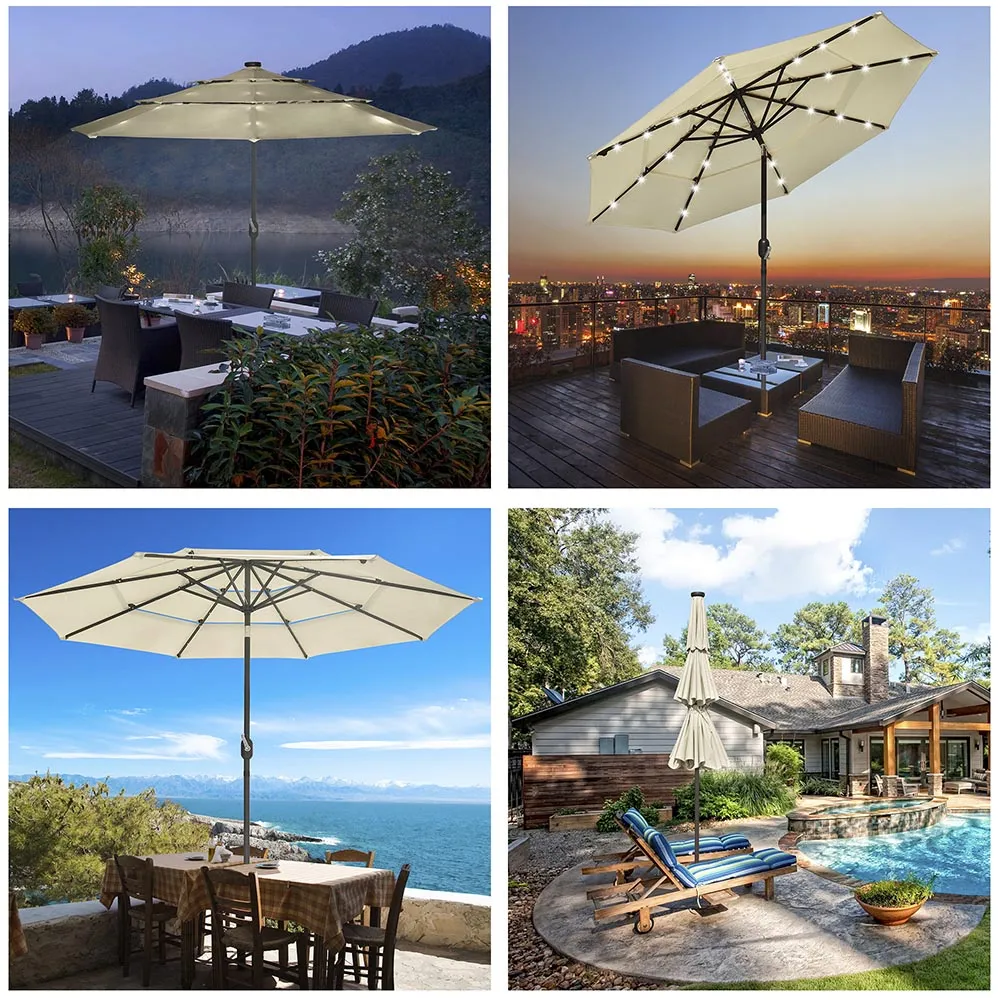 Solar Patio Umbrella w/ Light Bulbs Tilt 3-Tiered 9ft 8-Rib