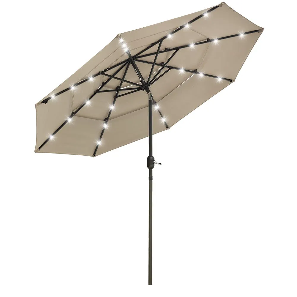 Solar Patio Umbrella w/ Light Bulbs Tilt 3-Tiered 9ft 8-Rib