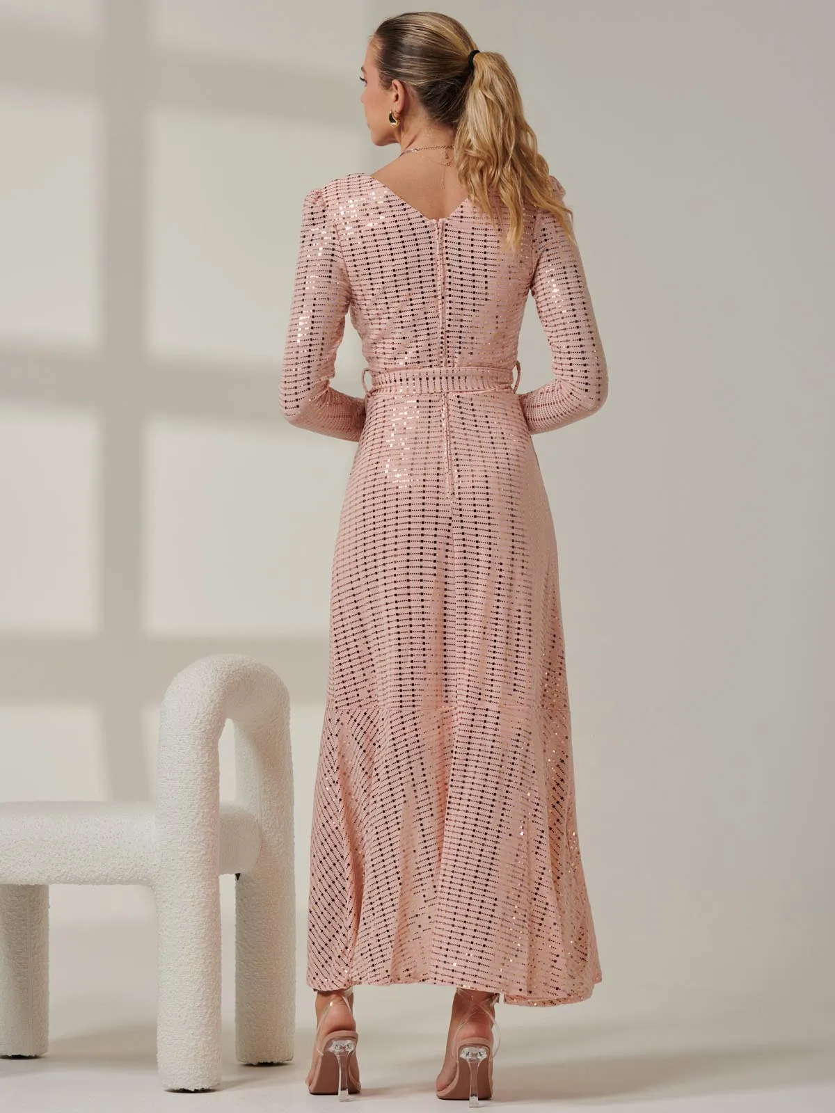 Sparkly Glitter Wrap Flare Maxi Dress, Dusty Pink