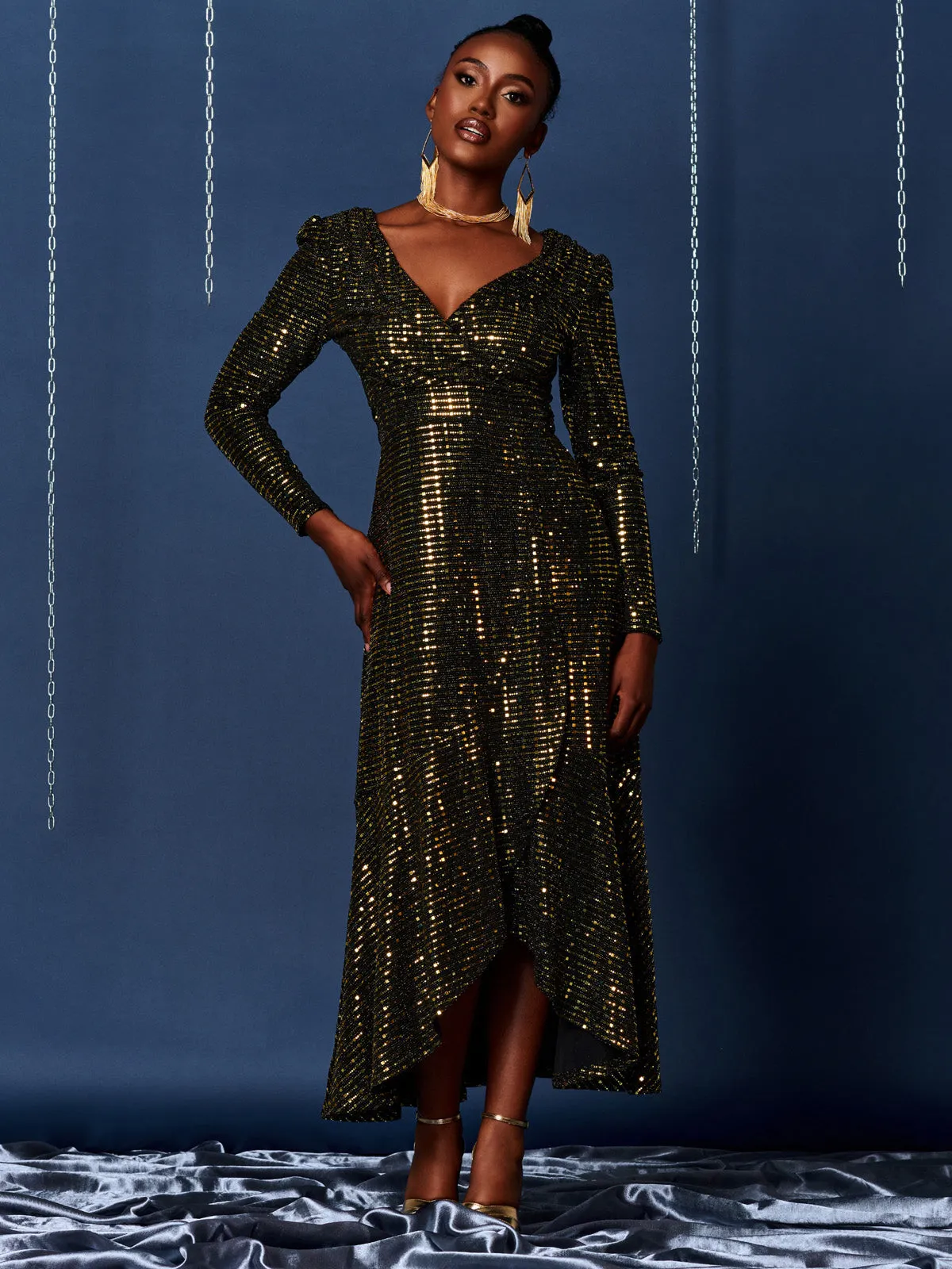 Sparkly Glitter Wrap Flare Maxi Dress, Gold