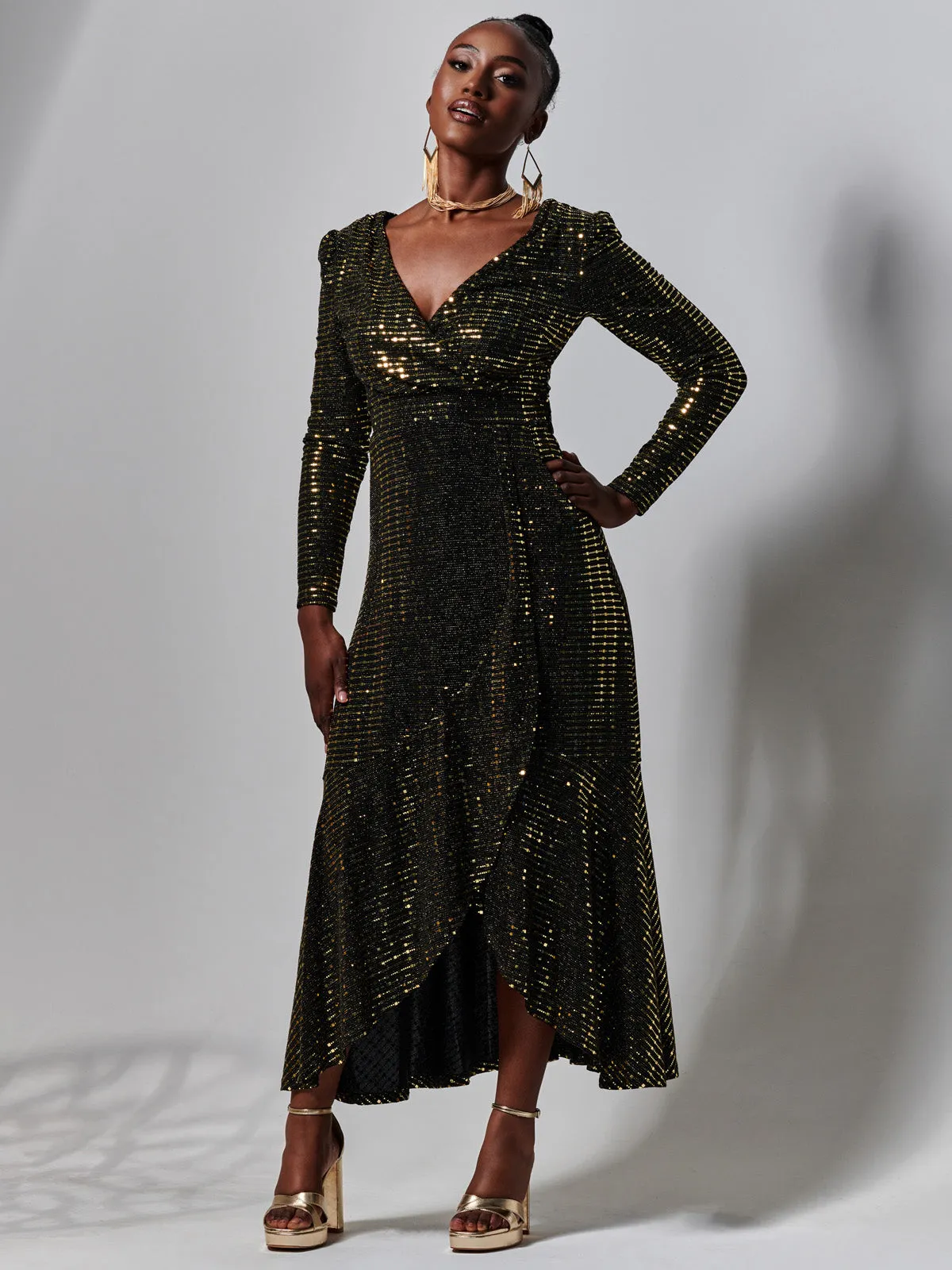 Sparkly Glitter Wrap Flare Maxi Dress, Gold