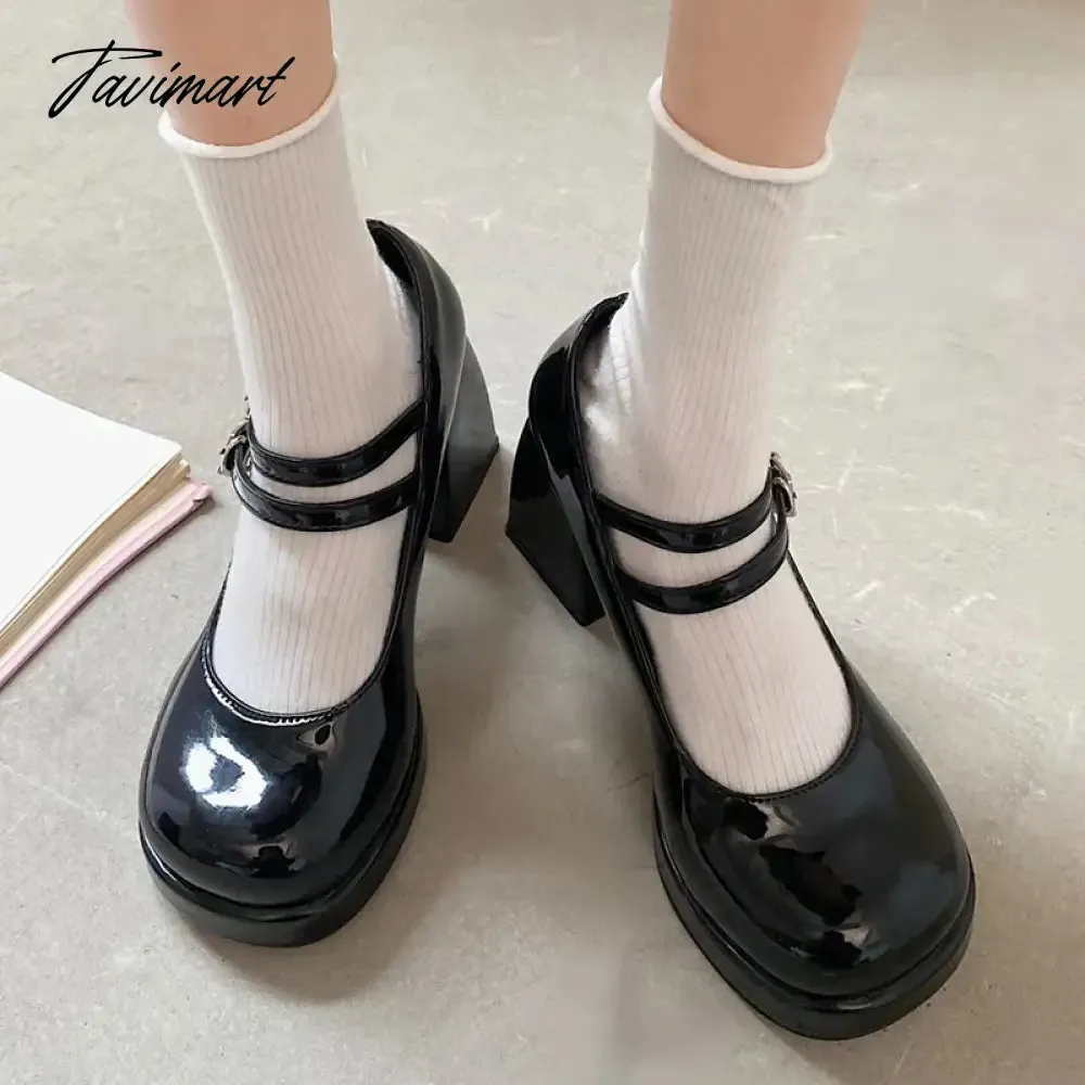 Tavimart New Patent Leather High Heels Pumps Women Double Buckle Ankle Strap Mary Jane Shoes Woman Platform Thick Heeled Party Shoes