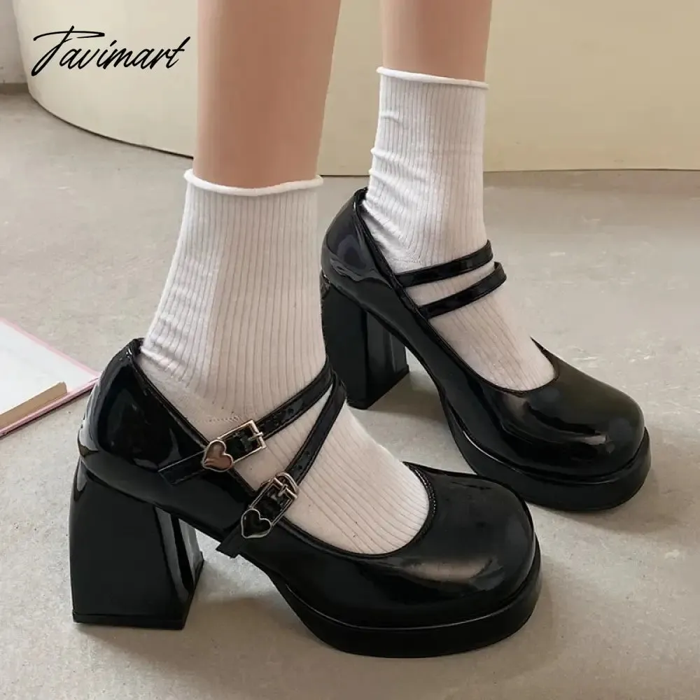 Tavimart New Patent Leather High Heels Pumps Women Double Buckle Ankle Strap Mary Jane Shoes Woman Platform Thick Heeled Party Shoes