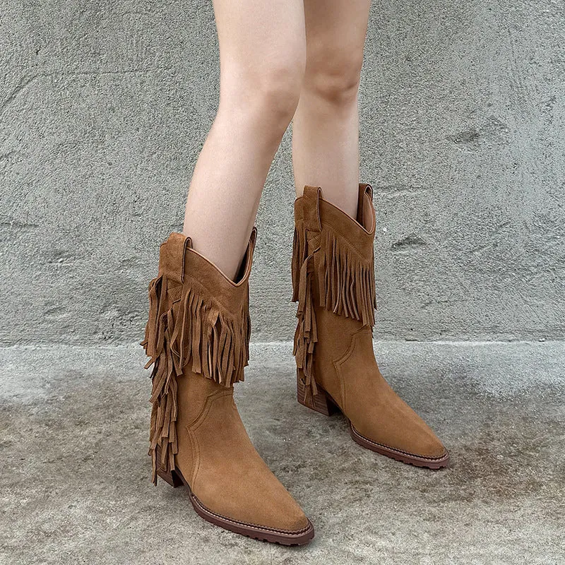 Western Point Toe Cowgirl Boots With Tassels Handmade Ankle Boots in Black/Yellow