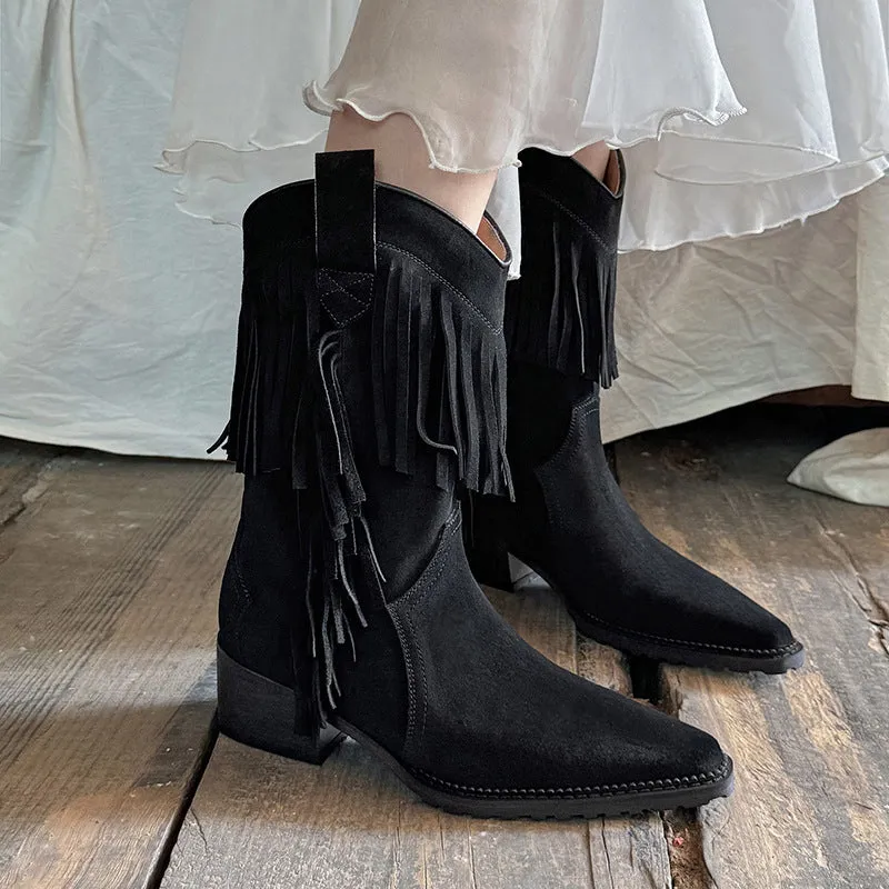 Western Point Toe Cowgirl Boots With Tassels Handmade Ankle Boots in Black/Yellow