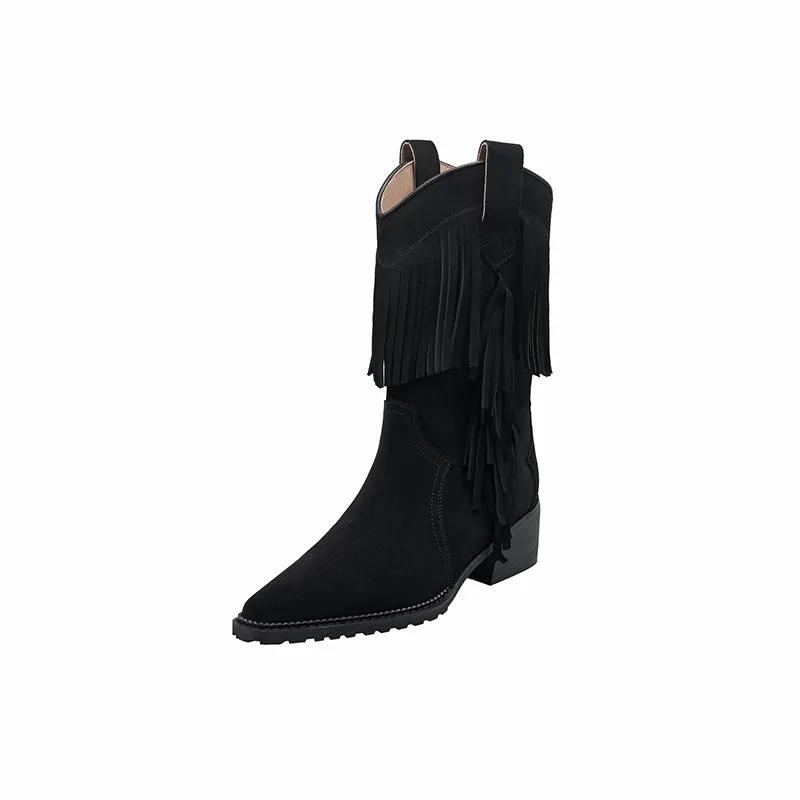 Western Point Toe Cowgirl Boots With Tassels Handmade Ankle Boots in Black/Yellow