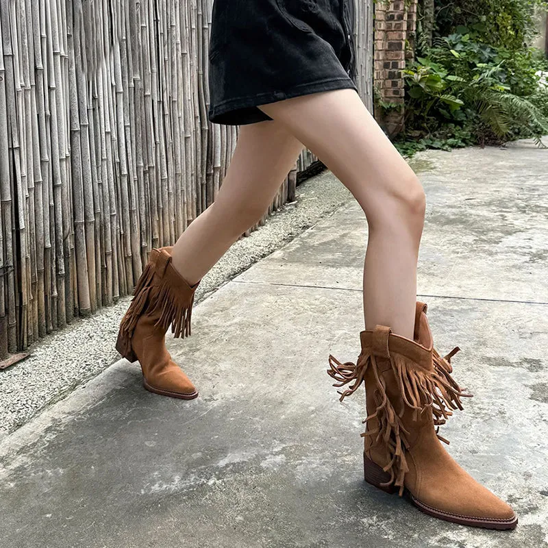 Western Point Toe Cowgirl Boots With Tassels Handmade Ankle Boots in Black/Yellow