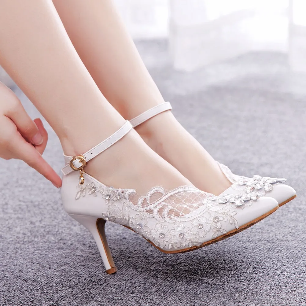 White Pointed Toe Lace Rhinestone Ankle Strap High Heel