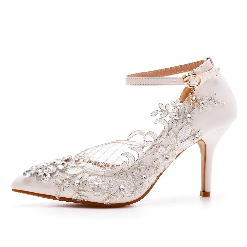 White Pointed Toe Lace Rhinestone Ankle Strap High Heel