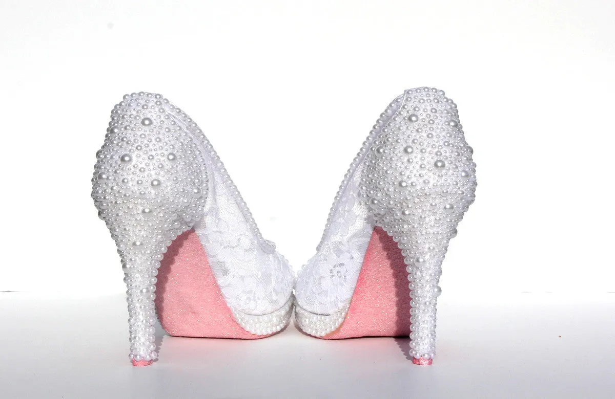 White Wedding Stiletto with Lace & Pearls