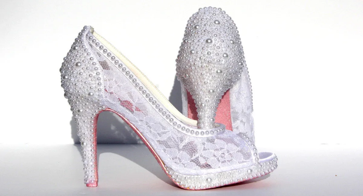 White Wedding Stiletto with Lace & Pearls