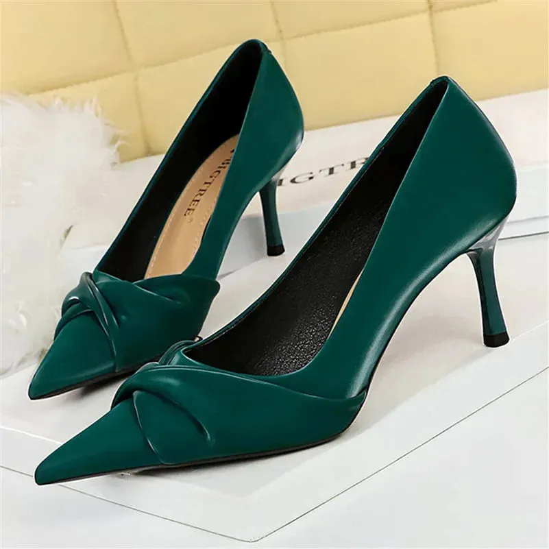 Women Luxury Brand 7cm 10cm High Heels Pumps Lady Party Green Bow Knot Middle Low Heels Wedding Bridal Nightclub Party Shoes