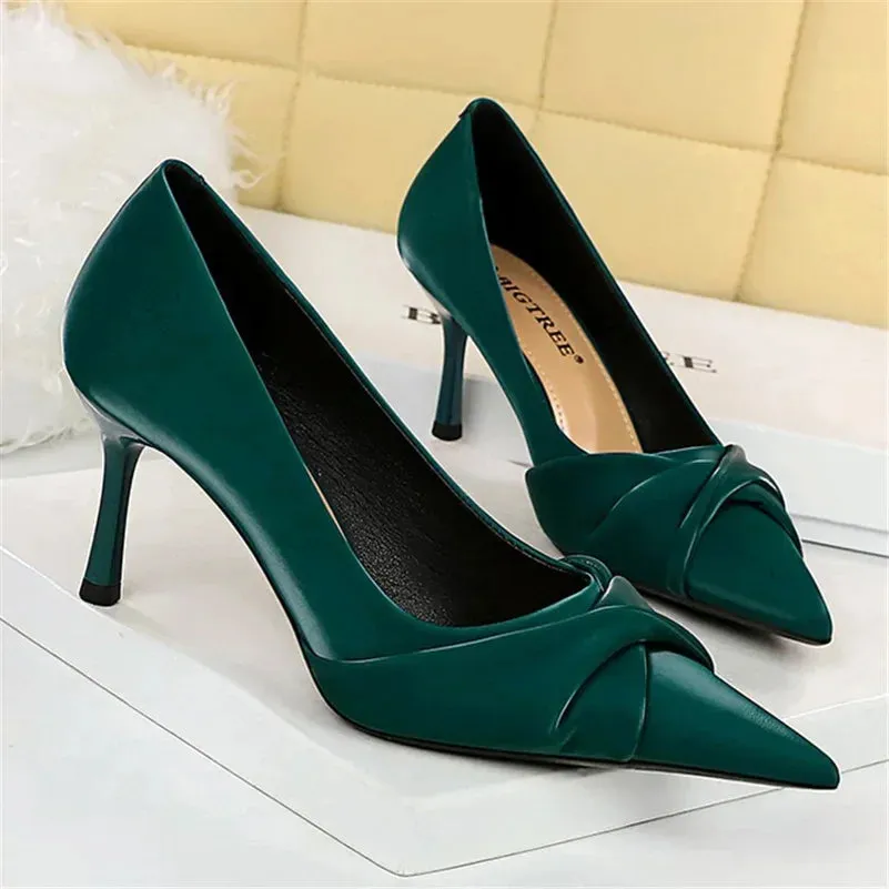 Women Luxury Brand 7cm 10cm High Heels Pumps Lady Party Green Bow Knot Middle Low Heels Wedding Bridal Nightclub Party Shoes