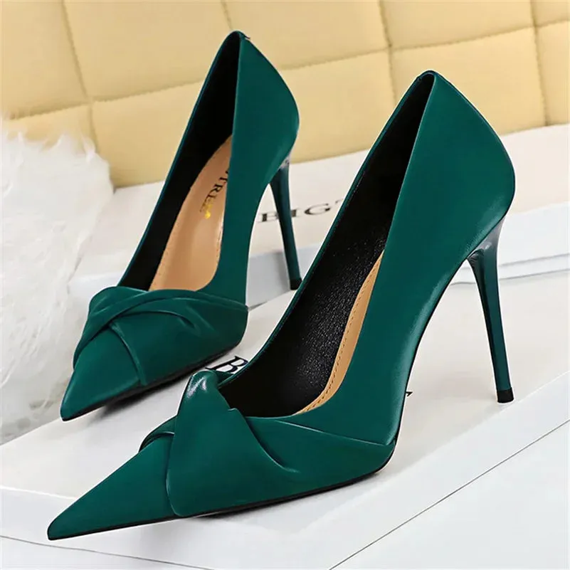 Women Luxury Brand 7cm 10cm High Heels Pumps Lady Party Green Bow Knot Middle Low Heels Wedding Bridal Nightclub Party Shoes