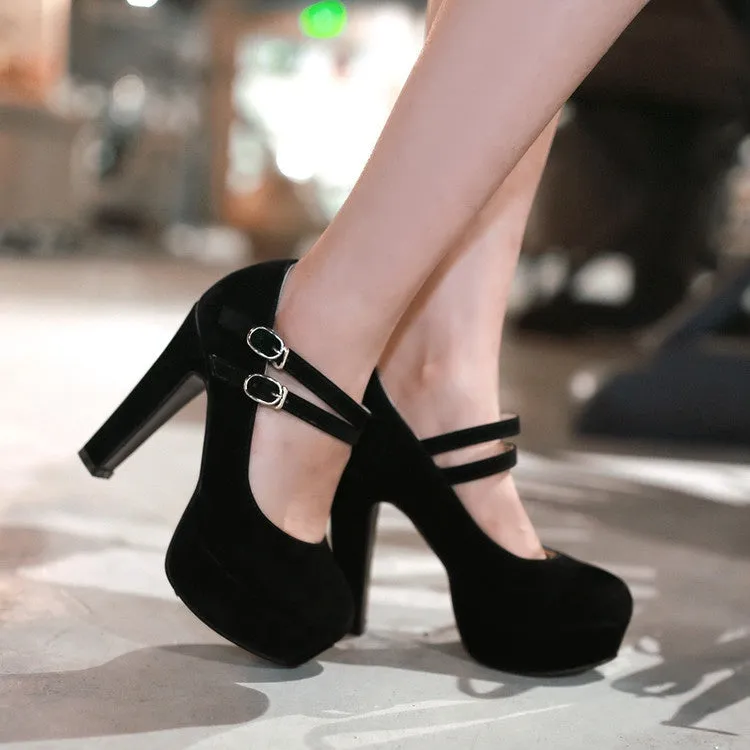 Women's Double Buckle Platform Pumps High Heels Shoes