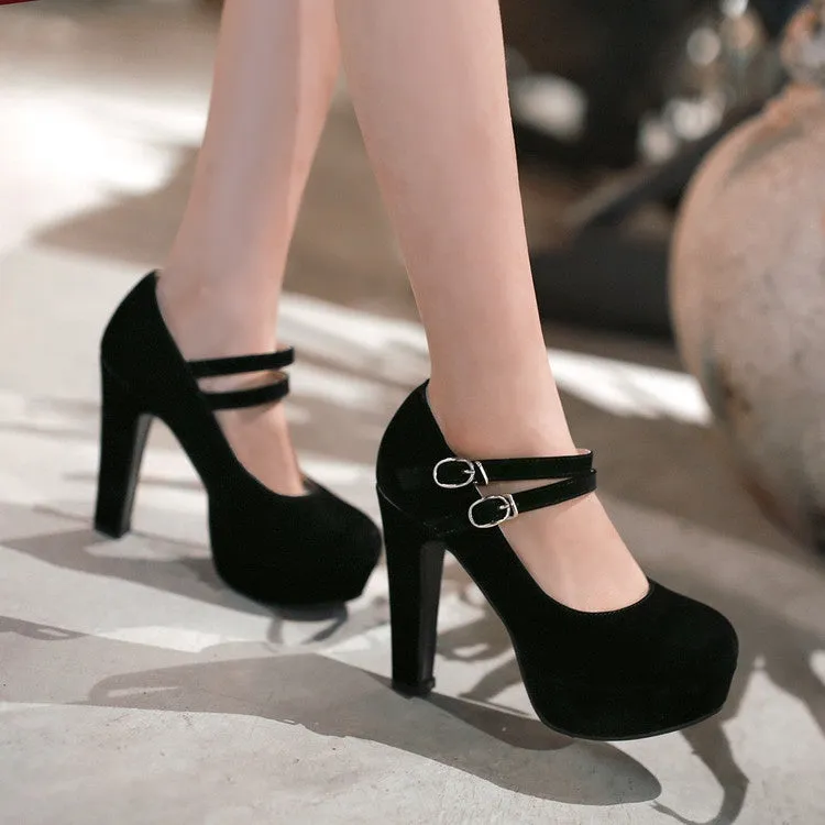 Women's Double Buckle Platform Pumps High Heels Shoes