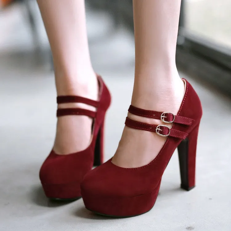 Women's Double Buckle Platform Pumps High Heels Shoes