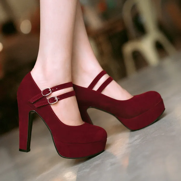 Women's Double Buckle Platform Pumps High Heels Shoes