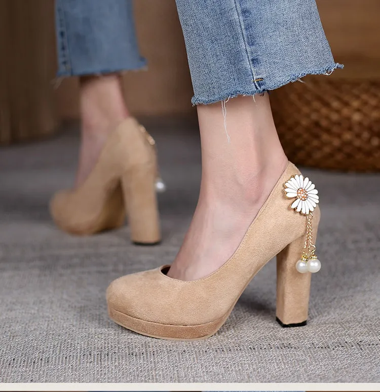 Women's Flower Pearl Platform Pumps High Heels