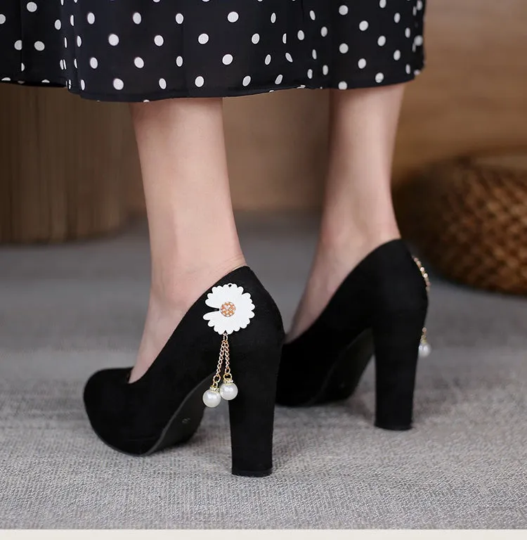 Women's Flower Pearl Platform Pumps High Heels