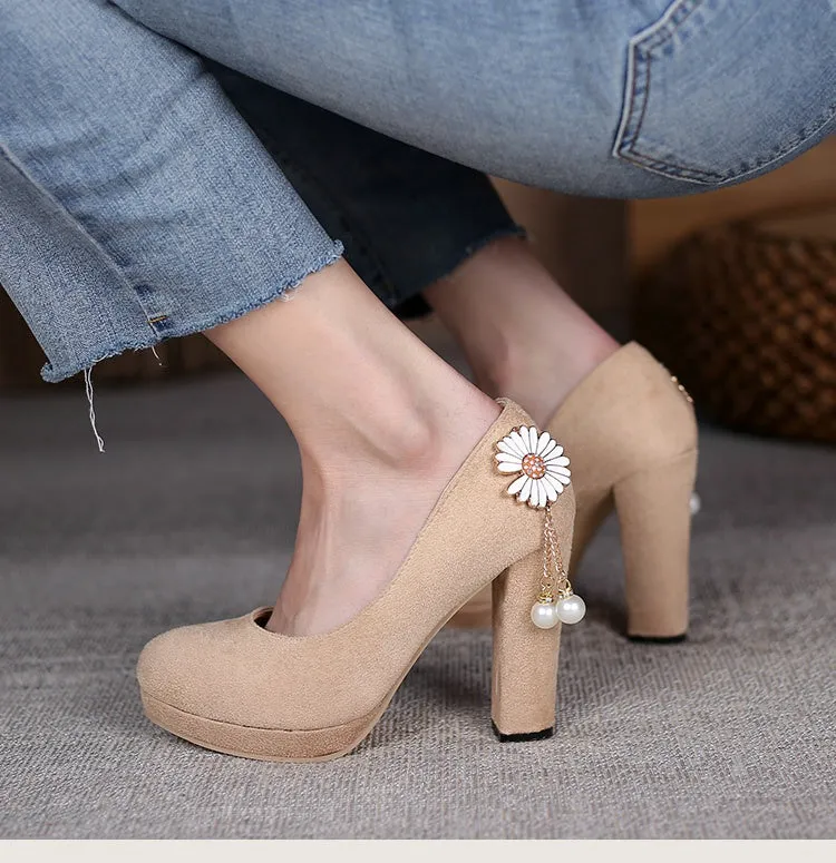 Women's Flower Pearl Platform Pumps High Heels