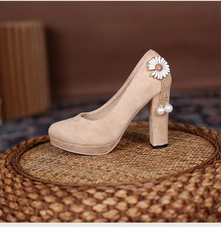 Women's Flower Pearl Platform Pumps High Heels