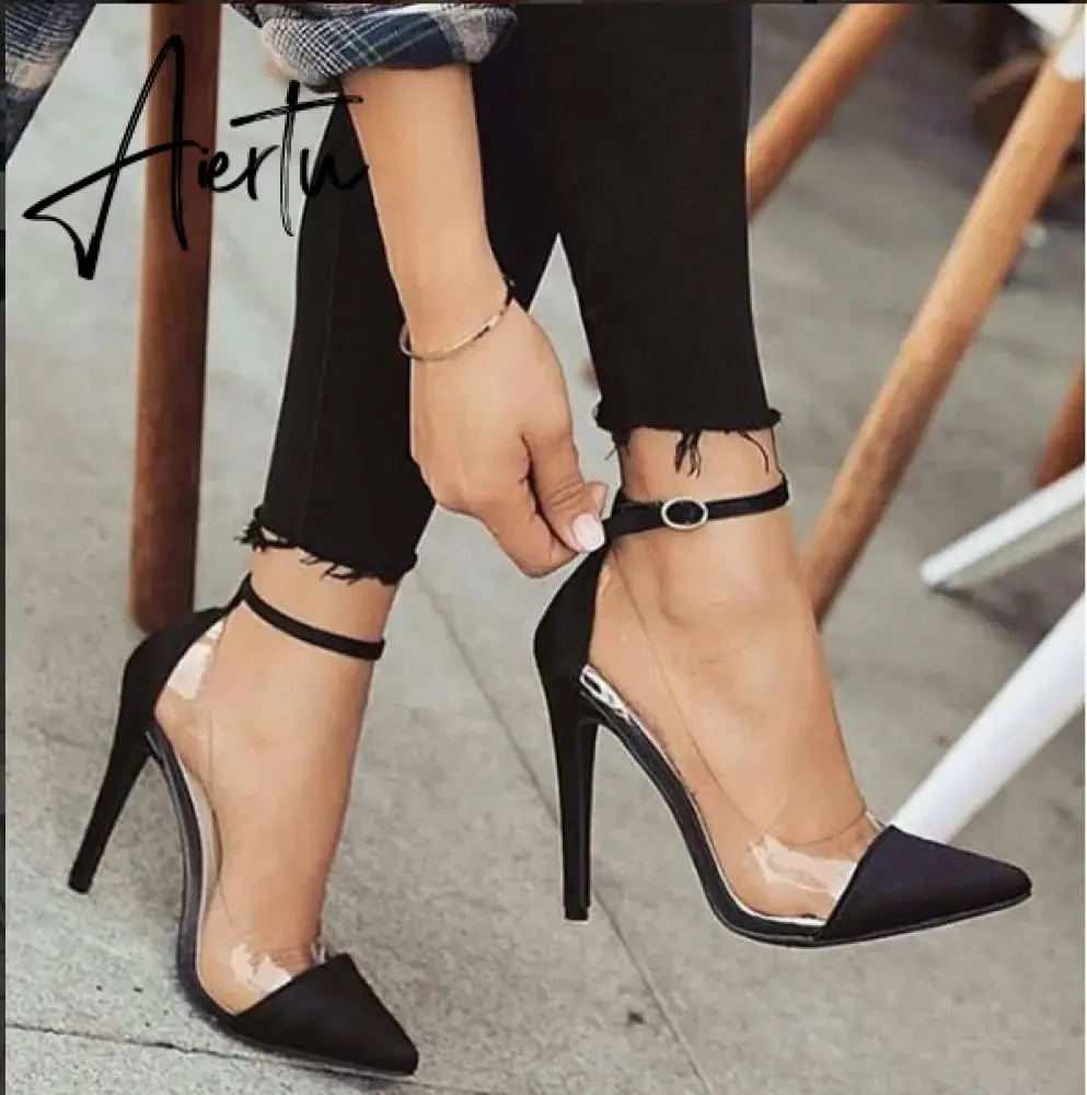 Women's High-heeled Shoes New Toe Monochrome Belt Buckle Fashion Single Shoes Pink Black Apricot Size 34 and 43