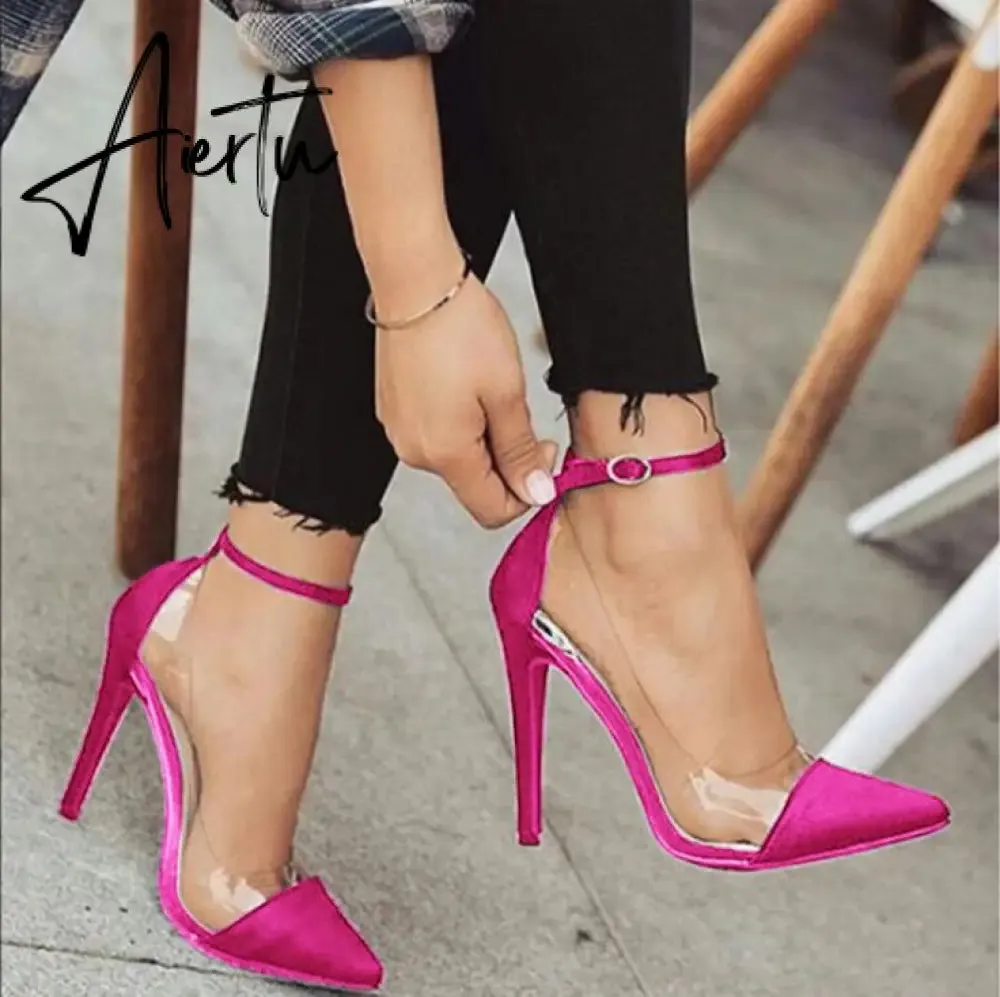 Women's High-heeled Shoes New Toe Monochrome Belt Buckle Fashion Single Shoes Pink Black Apricot Size 34 and 43