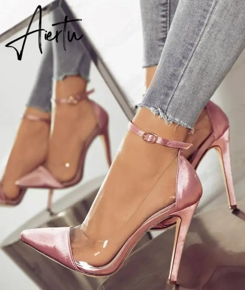 Women's High-heeled Shoes New Toe Monochrome Belt Buckle Fashion Single Shoes Pink Black Apricot Size 34 and 43