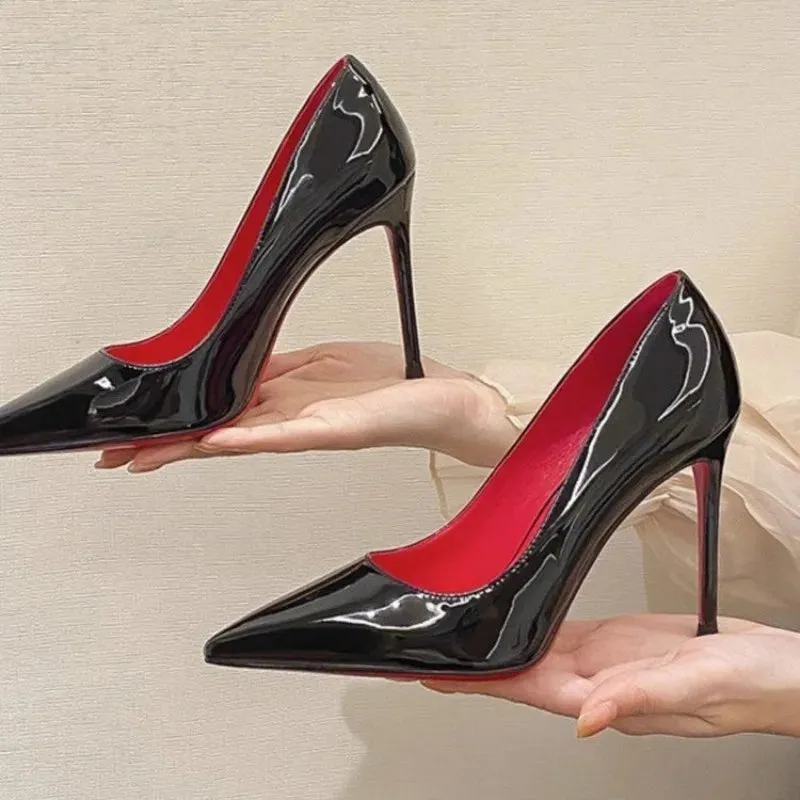 Women's Red heels Sexy pointy 7-9cm wedding dress shoes Nude black red rubber-soled heels