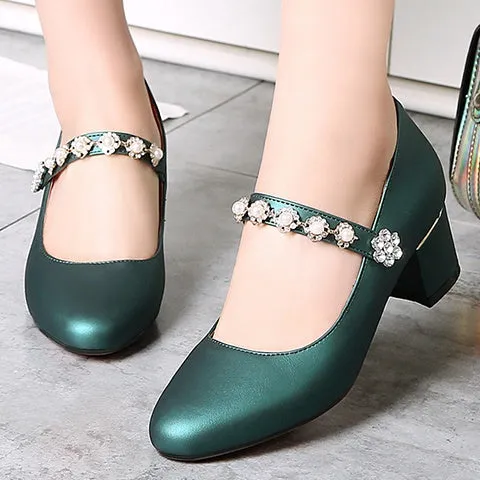 Women's Rhinestone Mary Jane High Heeled Chunky Heels Pumps