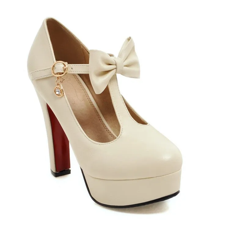 Women's T Strap Bowtie Platform Pumps High Heels Shoes