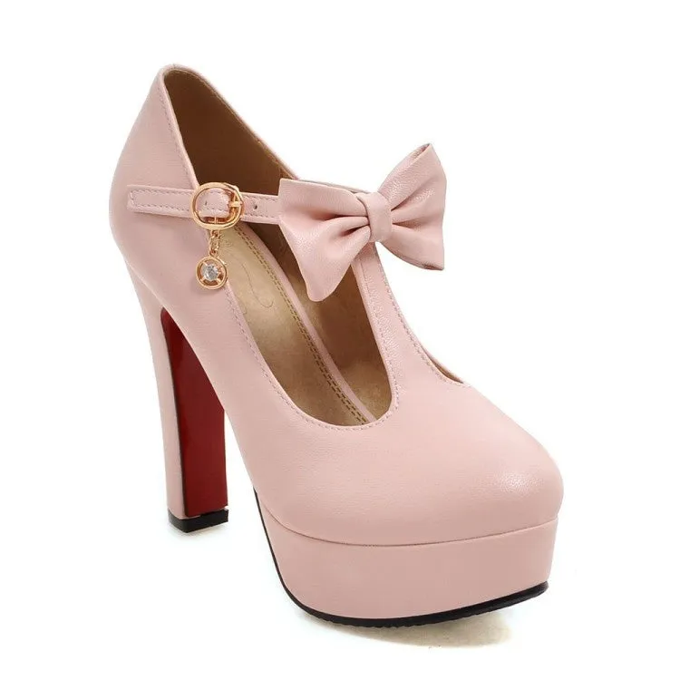 Women's T Strap Bowtie Platform Pumps High Heels Shoes