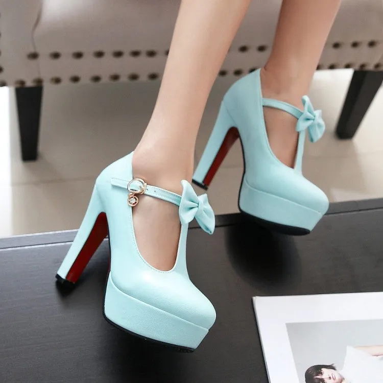 Women's T Strap Bowtie Platform Pumps High Heels Shoes