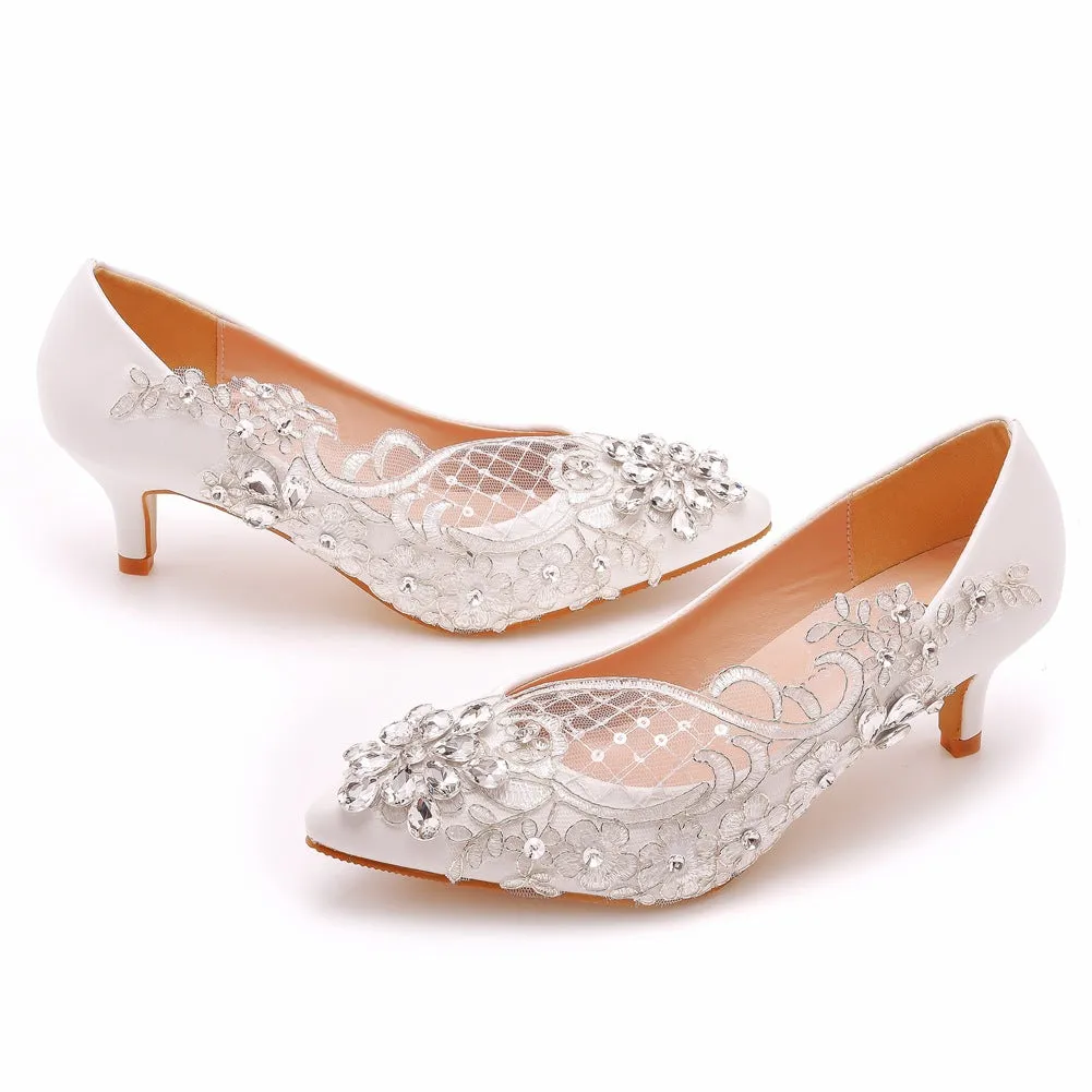 Women's Wedding Shoes Rhinestone Lace Flowers High Heels